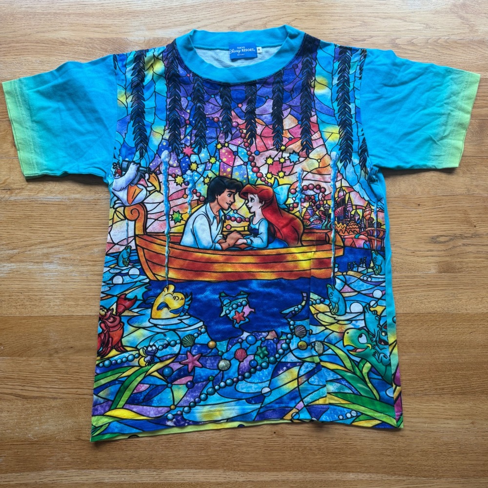 Tokyo Disney Resort Little Mermaid Stained Glass Ariel Eric T-Shirt Small Blue